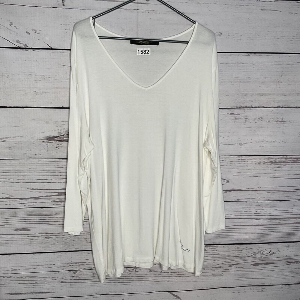 Marinaโ Rinaldi White V-Neck Long Sleeve Top XL Rhinestone Logo MRM81 6197107